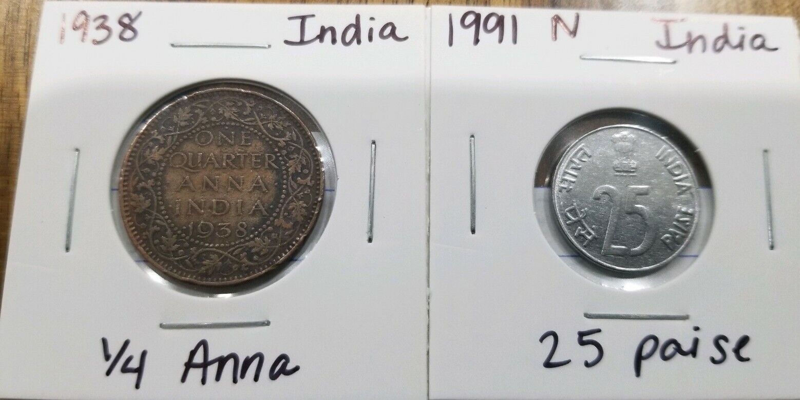 1938 British India 1/4 Anna Coin KM# 530 & 1991 N India 25 Paise Coin KM# 54