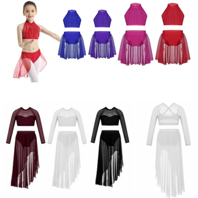 Big Girls Leotard Dress Kids Ballet Dancewear Crop Top+Bottoms Outfits Gym Skirt
