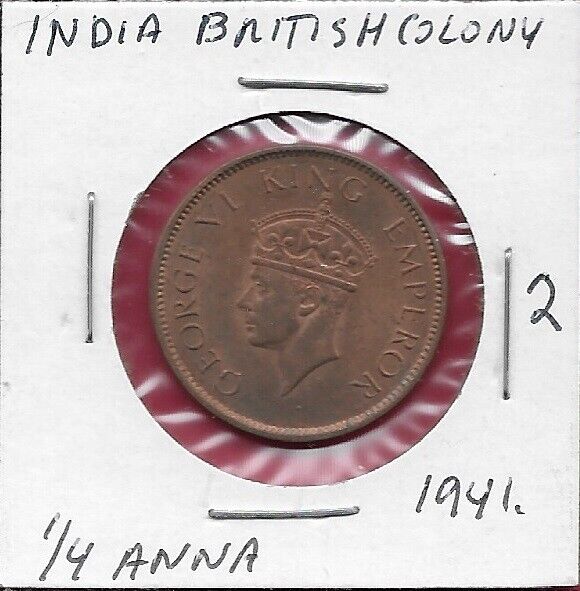 INDIA BRITISH COLONY 1/4 ANNA 1941. SECOND BUST OF KING GEORGE VI FACING LEFT,Le