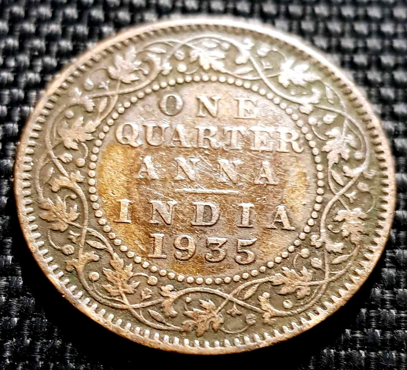 1935 British India George V One Quarter (1/4) Anna coin,F (+FREE 1 coin) #D5744
