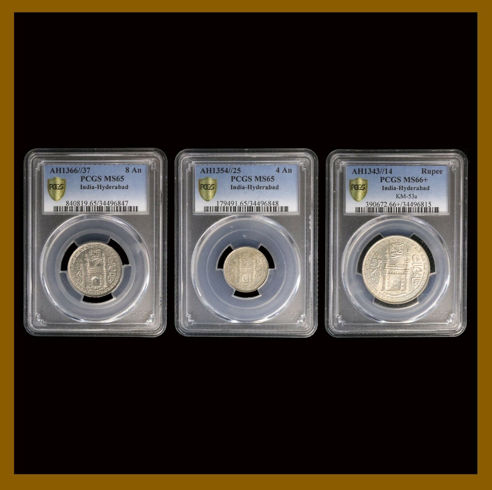 India Hyderabad 4 8 Annas 1 Rupee (3 Coin Set) 1343/1354/1366 PCGS MS 65/ MS 66+