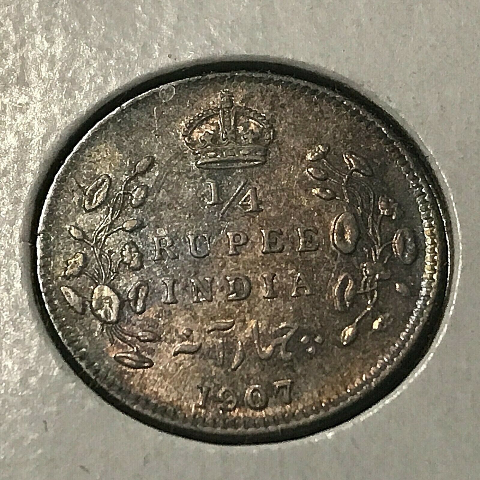1907-C BRITISH INDIA SILVER 1/4 RUPEE BRILLIANT UNCIRCULATED COIN