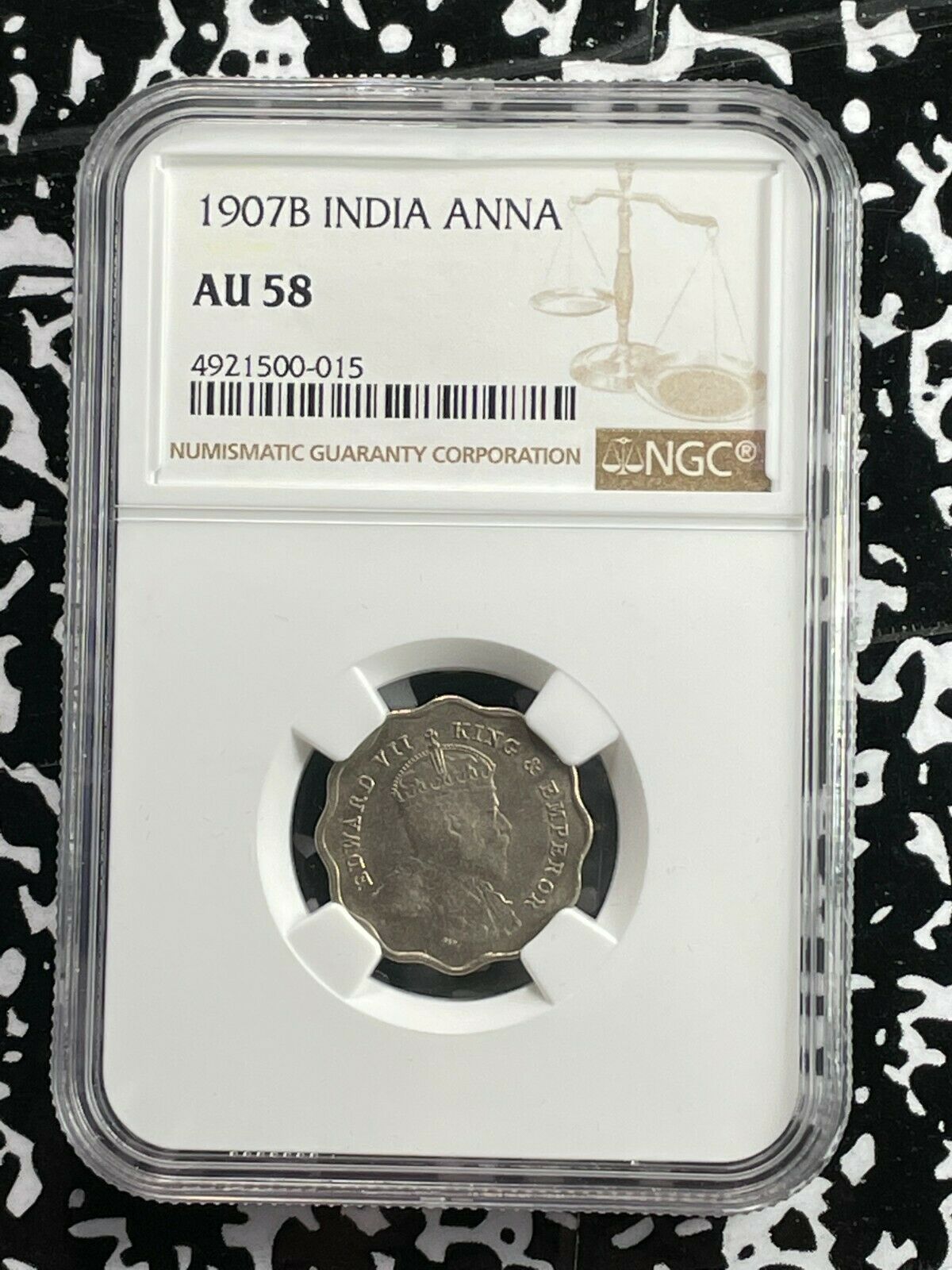 1907-B India 1 Anna NGC AU58 Lot#G1229 Nice Example!