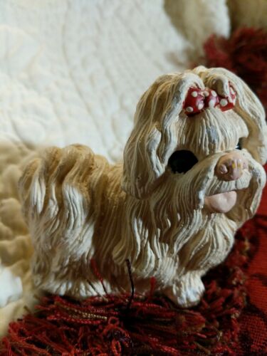 Vintage Maltese  Dog Figurine Statue Hand Painted Resin Gift Pet Lovers 3x3".