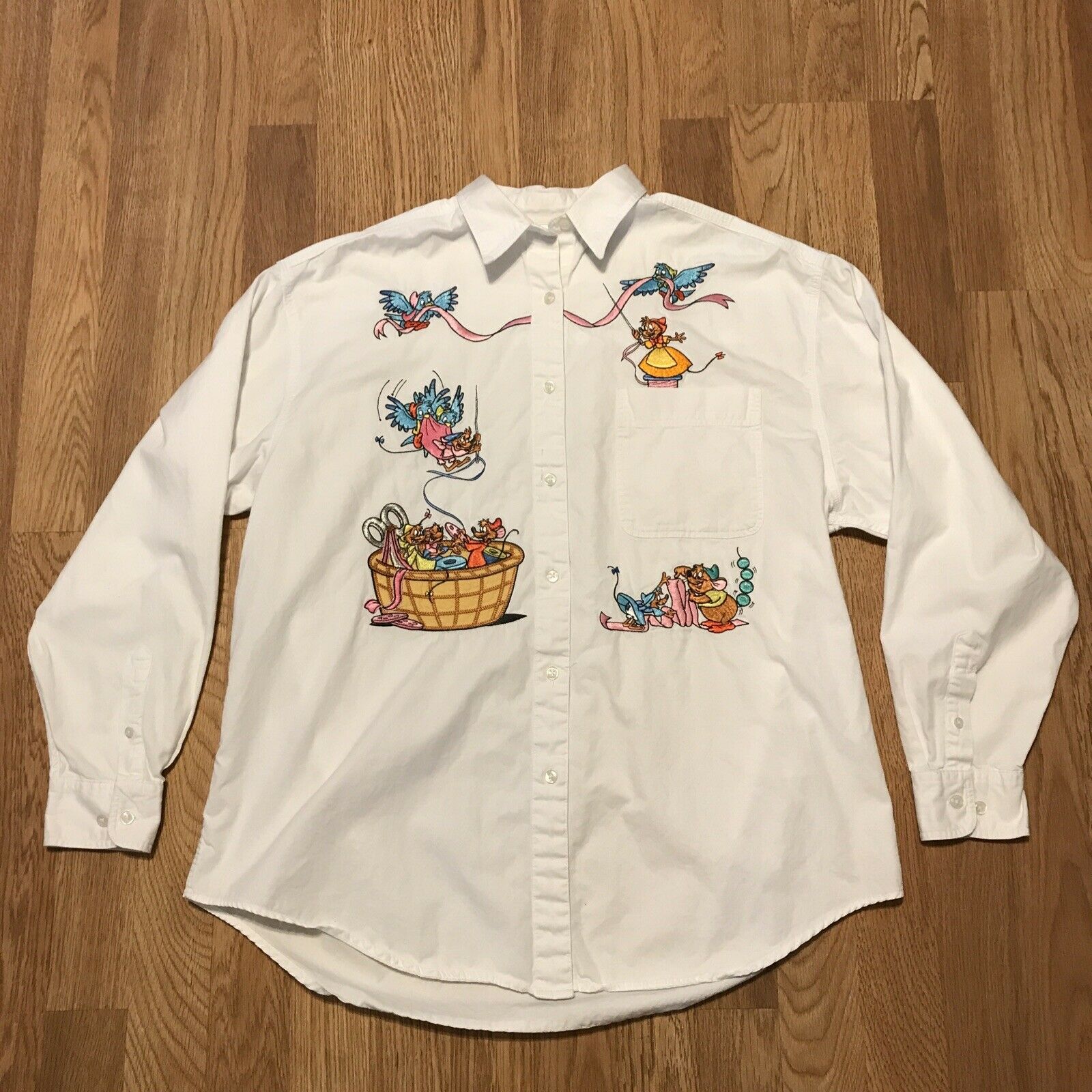 Vtg Disney Store Cinderella Mice Birds Embroidered Women’s Button Front Shirt Xl