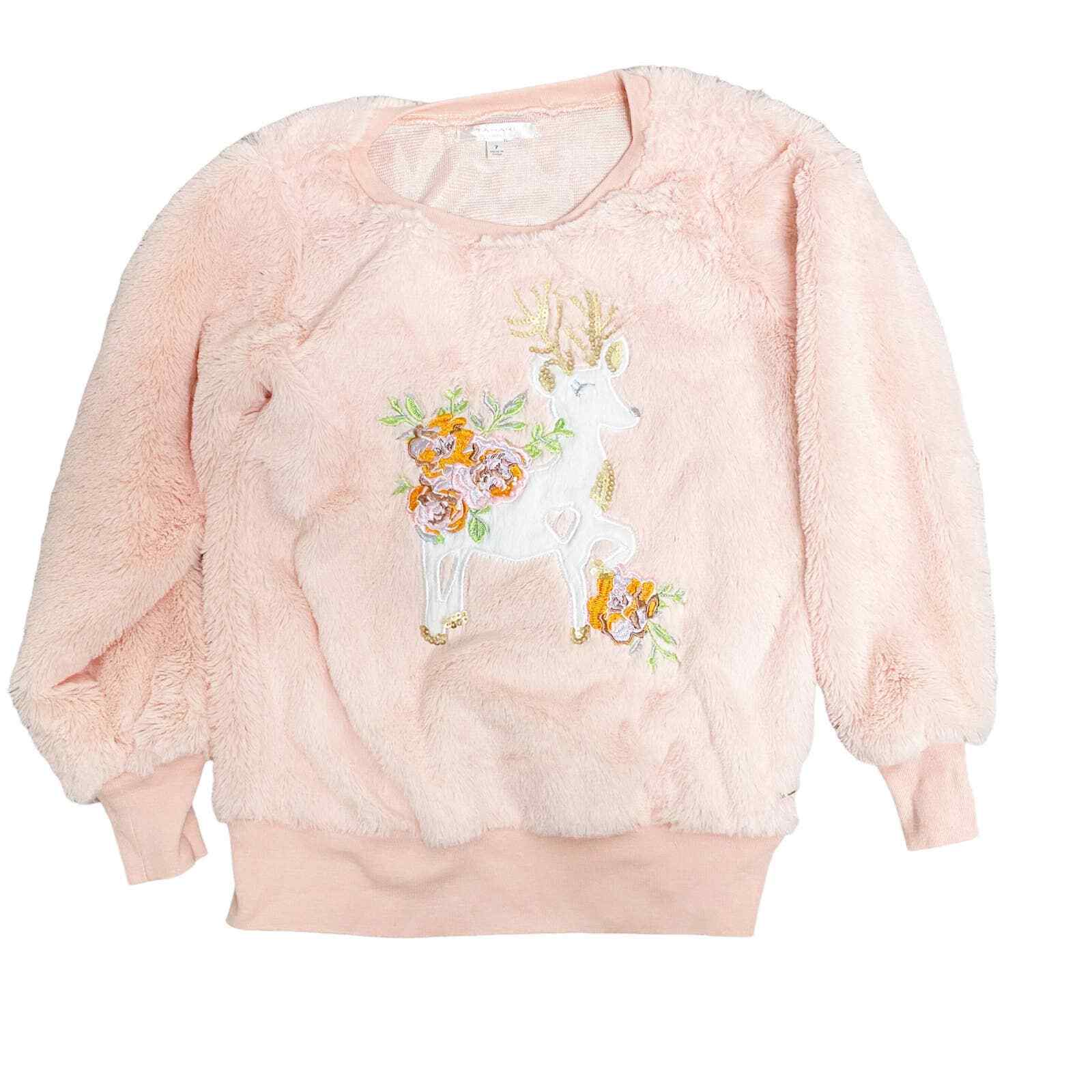 Tahari Girls Long Sleeve Embroidered Animal Floral Fleece Sweatshirt Pink SZ 7