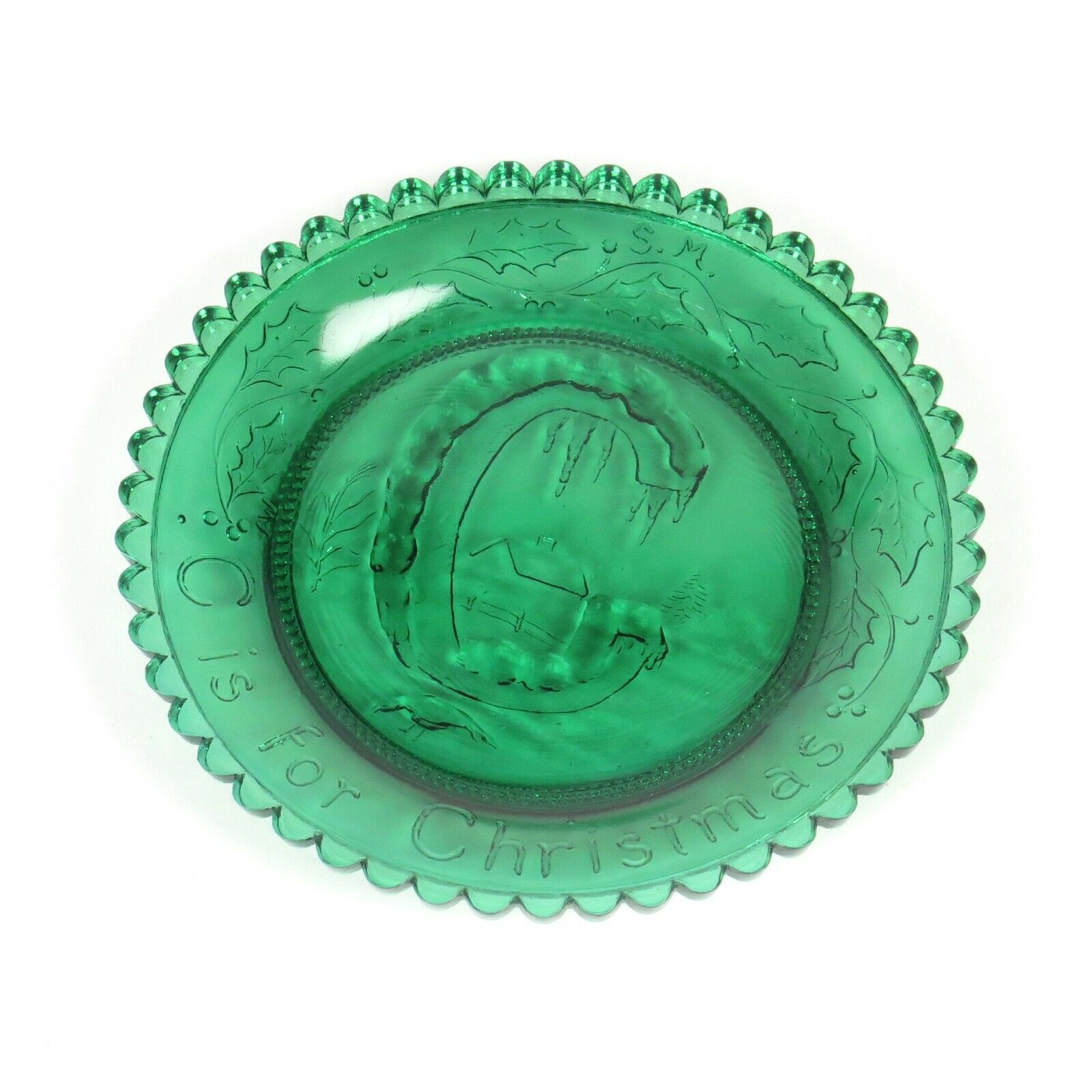 Pairpoint Glass Cup Plate Green C Is For Christmas Vtg