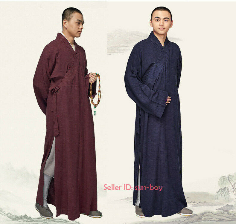 Shaolin Buddhist Monk Dress Meditation Cotton Linen Long Robe Gown Kung Fu Suit