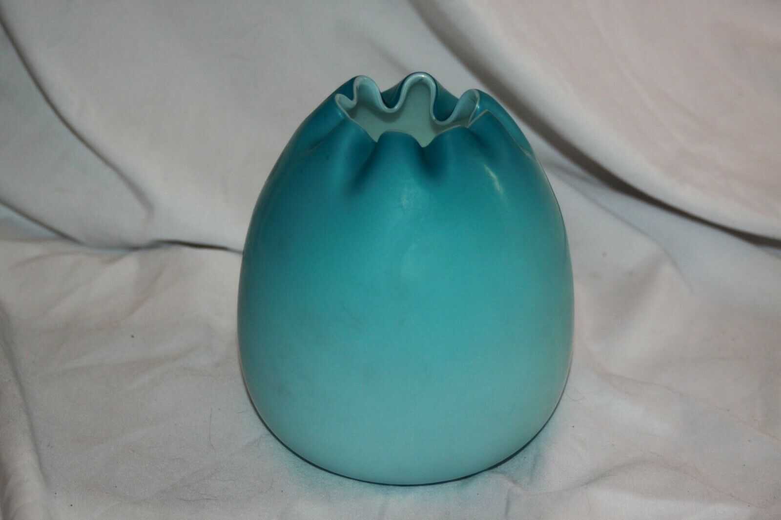Blue Satin Glass Rose Bowl Pinch Rim Hand Blown Vase Vintage