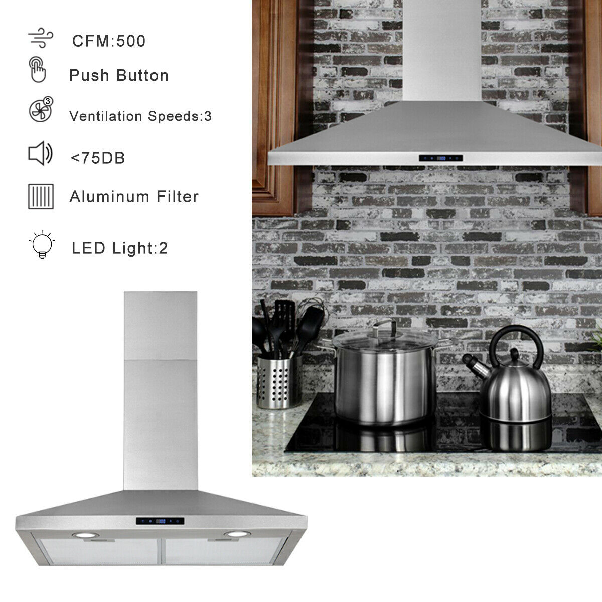 30" Wall Mount Range Hood Stainless Steel Top Vent Filter Touch Control 500 Cfm