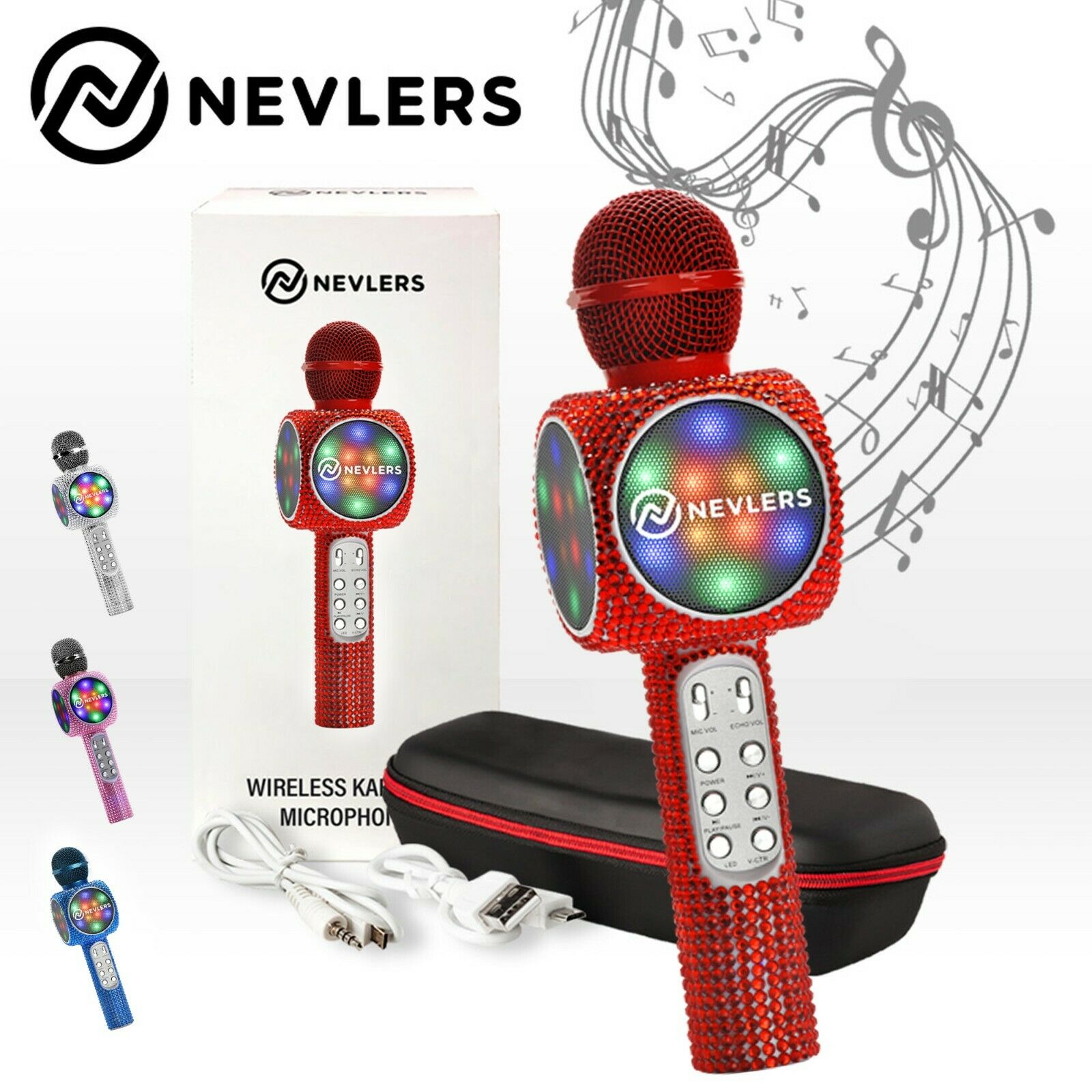 Nevlers Karaoke Microphone W/ Bluetooth Speaker,voice Changer & Led Lights- Red