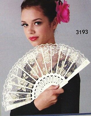 New Creamy White Gold Lace Fan Plastic Base Theatrcial Dance Item