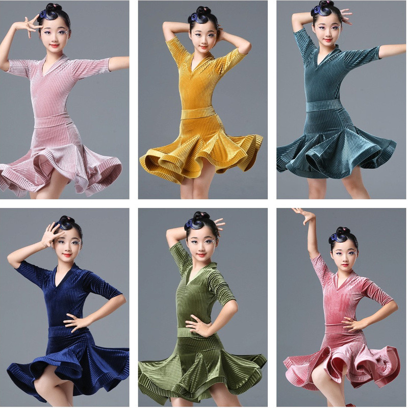 Velvet Girl Kids Ruffles Dress Costume Dance Dancewear Latin Tango Ruffles